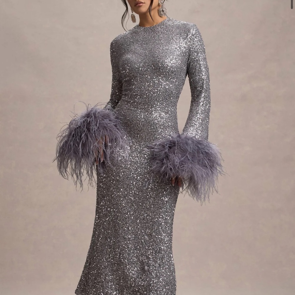 Club L London Silver Sequin Bateau Neck Bell Sleeve Gown